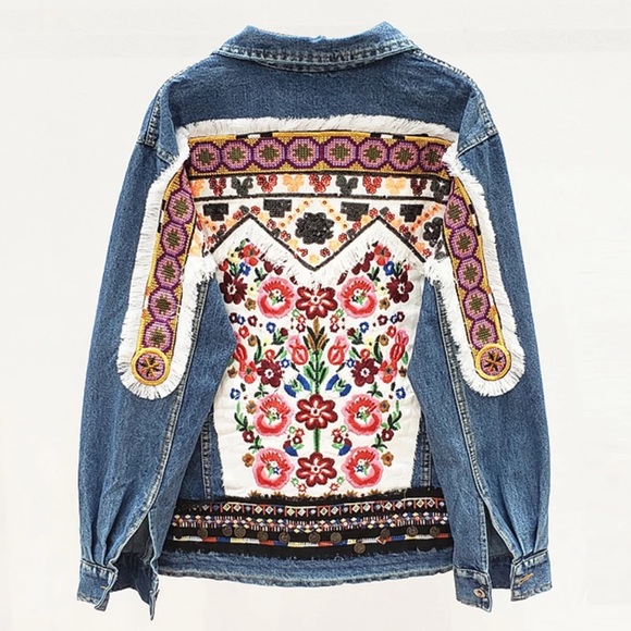 HAIGHT Retro Boho Detailed Appliqué Denim Jacket - Picture 8 of 10